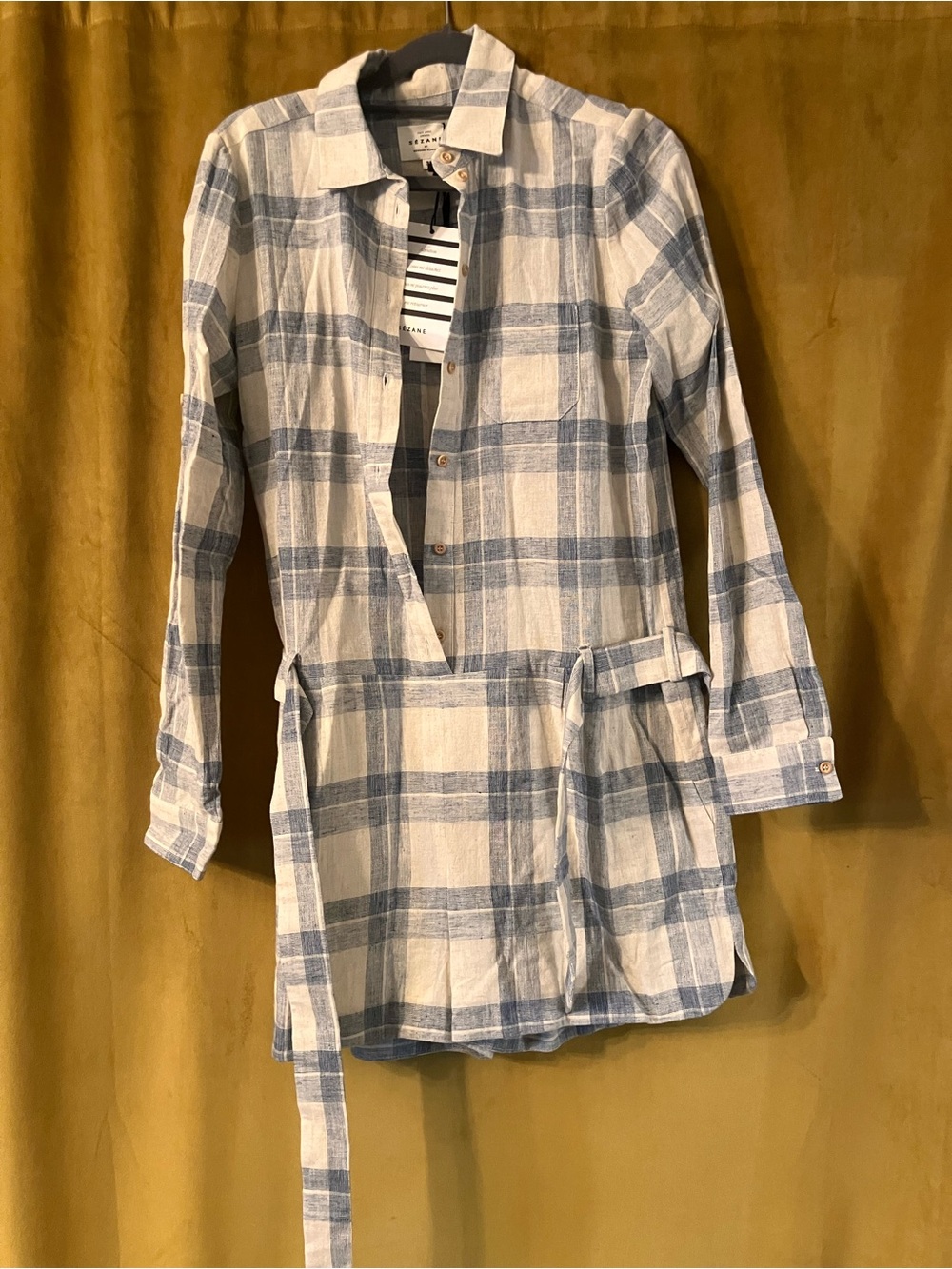 Sezane Blue and Cream Plaid Button-Up Shirt